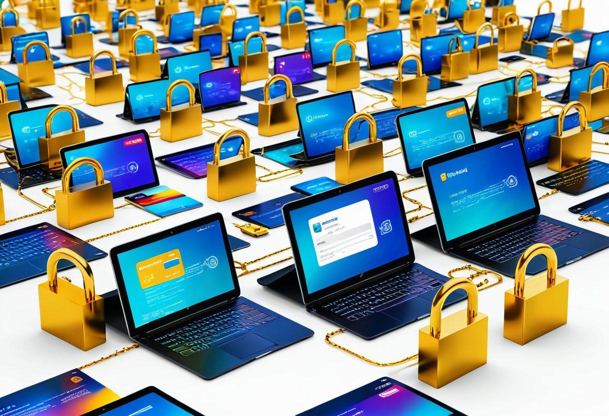 A futuristic digital landscape showcasing various online bill payment methods such as mobile apps, laptops, and tablets, surrounded by secure golden padlocks and encrypted data streams. Include friendly, diverse users confidently engaging in transactions. super-realistic. vibrant colors. white background.
