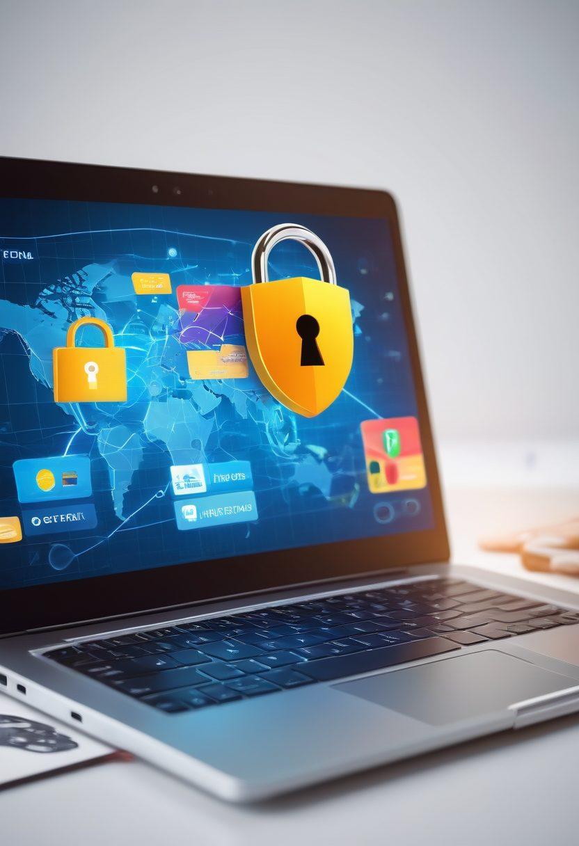 A person confidently using a laptop with secure digital payment icons like credit cards, PayPal, and cryptocurrency floating around. A shield with a padlock symbol in the background to signify security, along with a graph showing efficient bill tracking. vibrant colors. super-realistic.